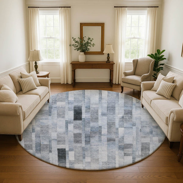 HomeRoots 8' Washable Round Rug in Blue, Ivory & Gray Stripes - Durable, Stain-Resistant with UV Protection! 695351