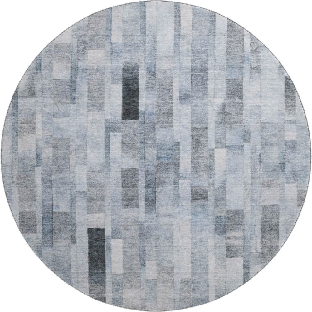 HomeRoots 8' Washable Round Rug in Blue, Ivory & Gray Stripes - Durable, Stain-Resistant with UV Protection! 695351