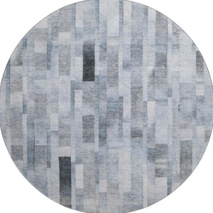 HomeRoots 8' Washable Round Rug in Blue, Ivory & Gray Stripes - Durable, Stain-Resistant with UV Protection! 695351