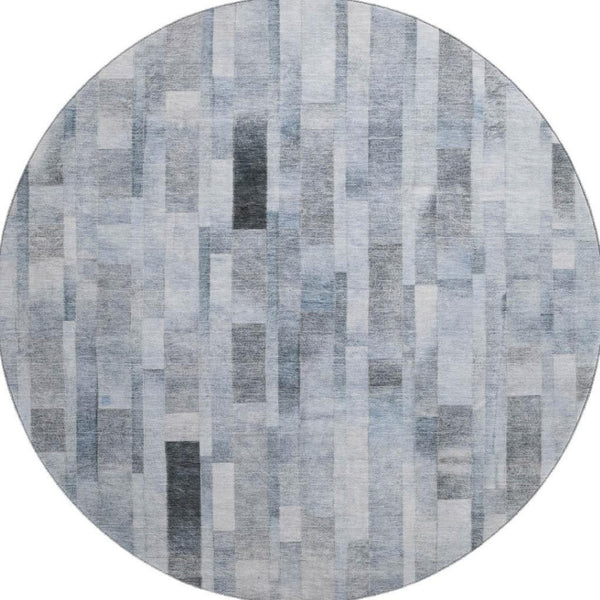HomeRoots 8' Washable Round Rug in Blue, Ivory & Gray Stripes - Durable, Stain-Resistant with UV Protection! 695351