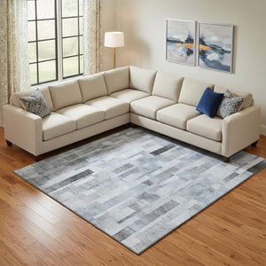 HomeRoots 9' X 12' Striped Area Rug in Blue, Ivory & Gray - Washable, UV-Protected, Durable for Family Spaces 695353