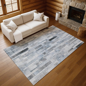 HomeRoots 9' X 12' Striped Area Rug in Blue, Ivory & Gray - Washable, UV-Protected, Durable for Family Spaces 695353