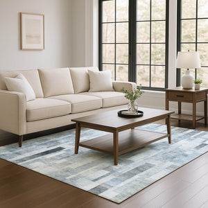 HomeRoots 10' X 14' Washable Blue Ivory & Gray Striped Area Rug with UV Protection for Durable Style & Comfort 695354