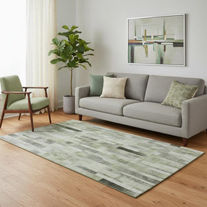 HomeRoots 5' X 8' Green Gray Ivory Striped Washable Area Rug with UV Protection for High-Traffic Spaces 695356