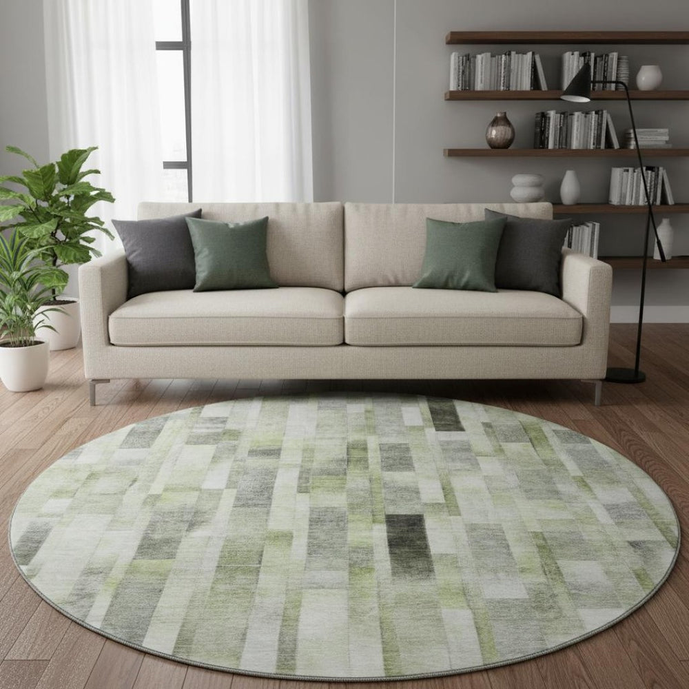 HomeRoots 8' Washable Round Rug with Green, Gray & Ivory Stripes - UV Protected, Non-Slip, Easy-Care Design 695357