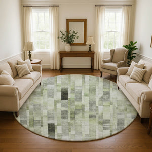 HomeRoots 8' Washable Round Rug with Green, Gray & Ivory Stripes - UV Protected, Non-Slip, Easy-Care Design 695357