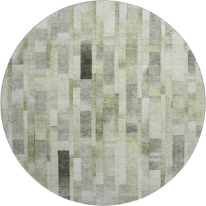 HomeRoots 8' Washable Round Rug with Green, Gray & Ivory Stripes - UV Protected, Non-Slip, Easy-Care Design 695357