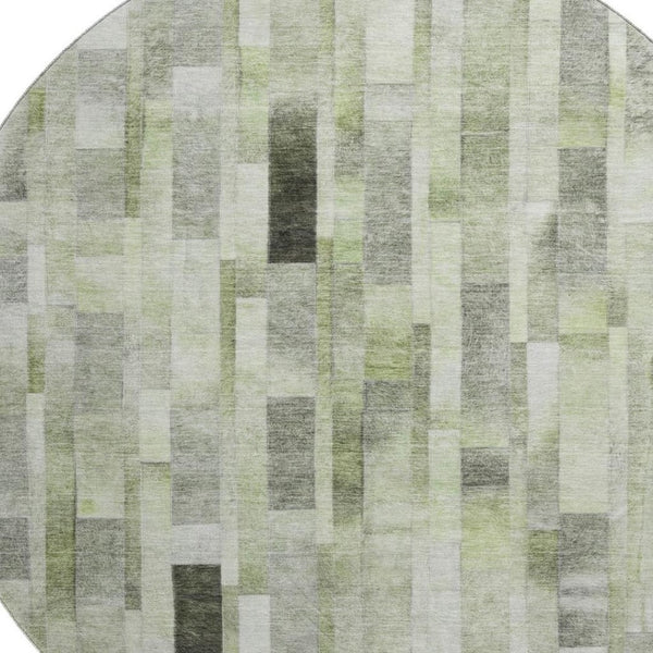 HomeRoots 8' Washable Round Rug with Green, Gray & Ivory Stripes - UV Protected, Non-Slip, Easy-Care Design 695357