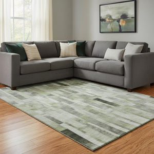 HomeRoots 8' X 10' Striped Washable Area Rug in Green, Gray & Ivory with UV Protection for Active Homes 695358