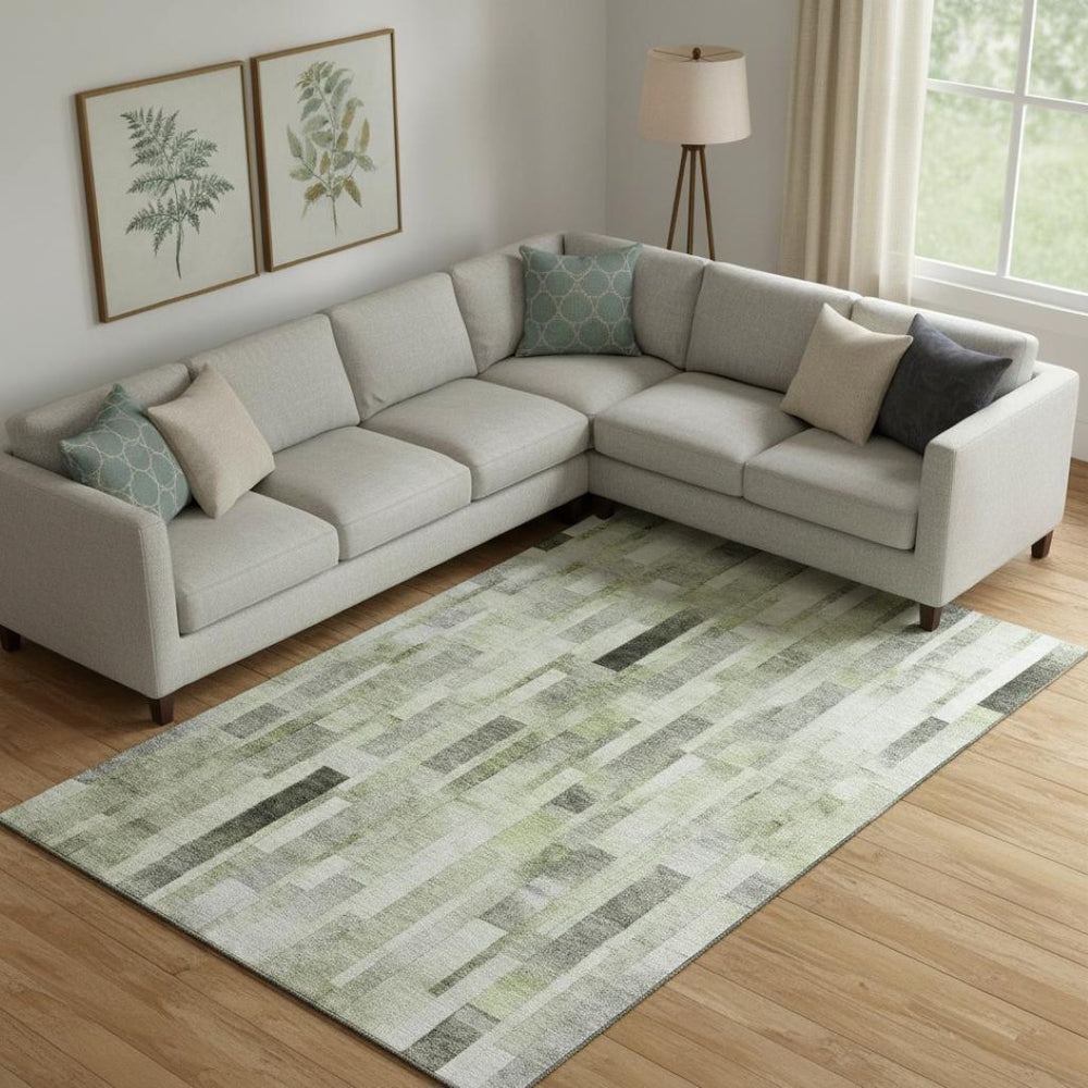 HomeRoots 9' X 12' Stylish Green Gray Ivory Striped Area Rug – Washable, UV Protected, Durable for Homes 695359