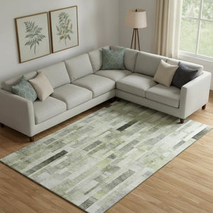 HomeRoots 9' X 12' Stylish Green Gray Ivory Striped Area Rug – Washable, UV Protected, Durable for Homes 695359