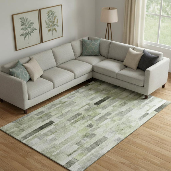 HomeRoots 9' X 12' Stylish Green Gray Ivory Striped Area Rug – Washable, UV Protected, Durable for Homes 695359