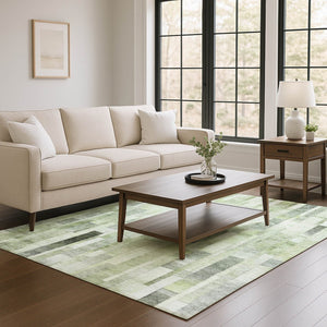 HomeRoots 9' X 12' Stylish Green Gray Ivory Striped Area Rug – Washable, UV Protected, Durable for Homes 695359