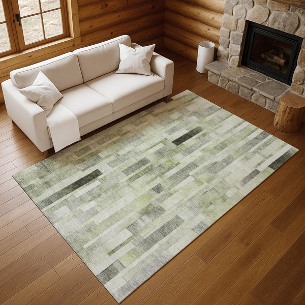 HomeRoots 9' X 12' Stylish Green Gray Ivory Striped Area Rug – Washable, UV Protected, Durable for Homes 695359