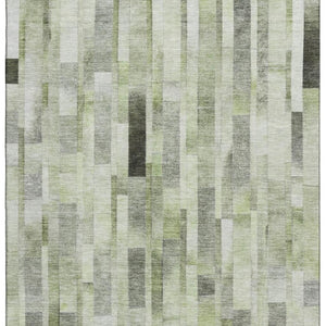 HomeRoots 9' X 12' Stylish Green Gray Ivory Striped Area Rug – Washable, UV Protected, Durable for Homes 695359