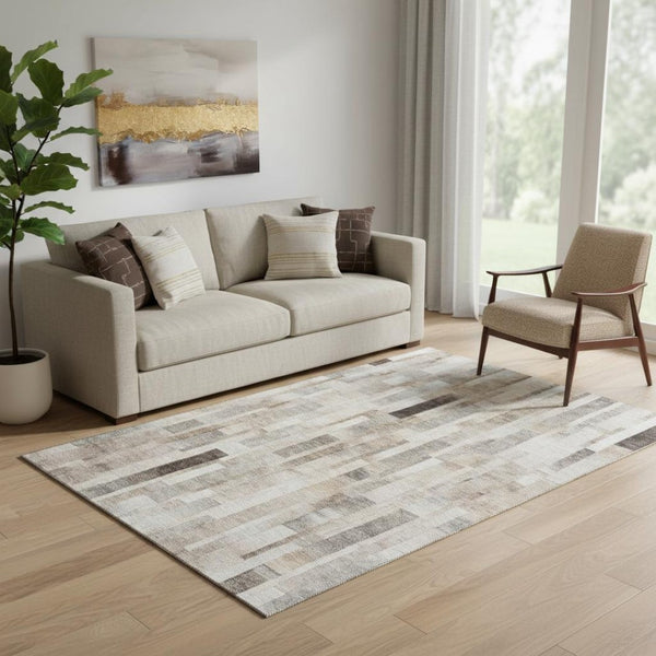 HomeRoots 5' X 8' Stylish Taupe Ivory Gray Striped Washable Area Rug - Durable, UV Protected, Soft & Versatile 695362