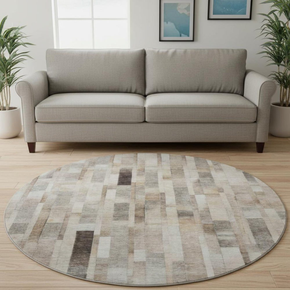 HomeRoots 8' Taupe Ivory and Gray Striped Washable Rug - Durable, UV-Protected, Perfect for Homes with Kids & Pets! 695363
