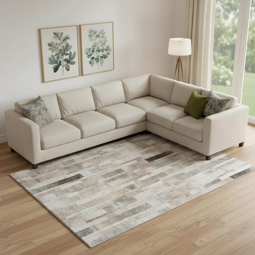 HomeRoots 9' X 12' Washable Area Rug in Taupe, Ivory & Gray Stripes - Durable, UV-Protected, Easy-Care Elegance 695365