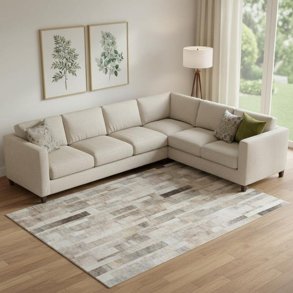 HomeRoots 10' X 14' Taupe Ivory Gray Striped Washable Area Rug - UV Protected, Stain-Resistant, Durable Design 695366