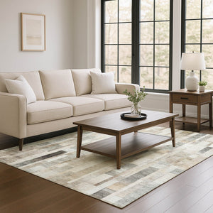 HomeRoots 10' X 14' Taupe Ivory Gray Striped Washable Area Rug - UV Protected, Stain-Resistant, Durable Design 695366