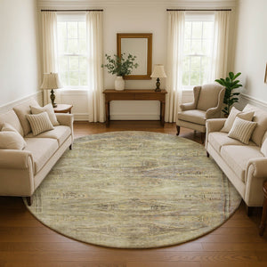 HomeRoots 8' Artichoke Green Gold Beige Abstract Round Rug - UV Protected, Stain Resistant, Washable Design! 695369