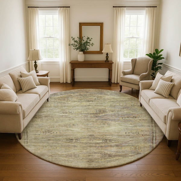 HomeRoots 8' Artichoke Green Gold Beige Abstract Round Rug - UV Protected, Stain Resistant, Washable Design! 695369