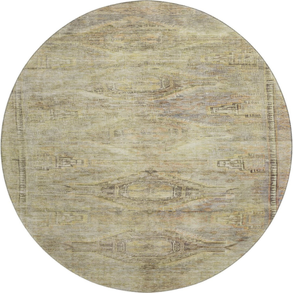 HomeRoots 8' Artichoke Green Gold Beige Abstract Round Rug - UV Protected, Stain Resistant, Washable Design! 695369