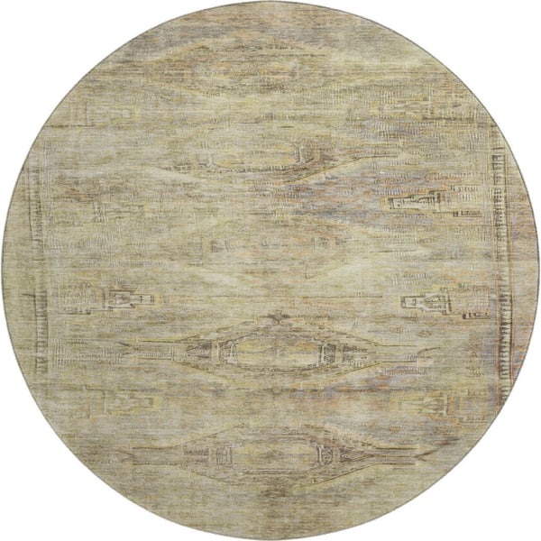 HomeRoots 8' Artichoke Green Gold Beige Abstract Round Rug - UV Protected, Stain Resistant, Washable Design! 695369