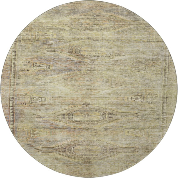 HomeRoots 8' Artichoke Green Gold Beige Abstract Round Rug - UV Protected, Stain Resistant, Washable Design! 695369