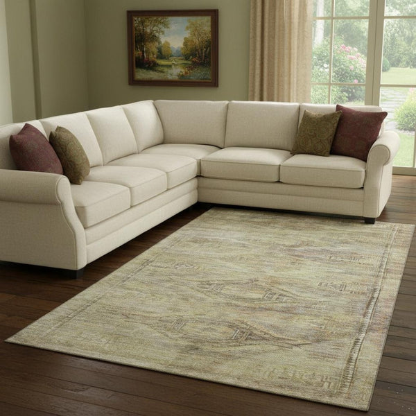 HomeRoots 8' X 10' Artichoke Green Gold Beige Washable Area Rug - Durable, UV-Protected, Stylish & Family-Friendly 695370