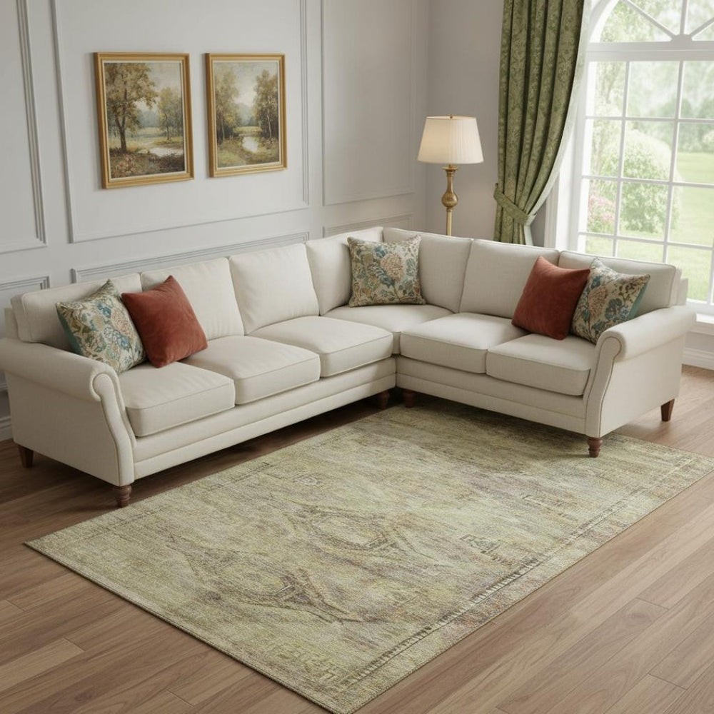 HomeRoots 9' Stylish Artichoke Green & Gold Abstract Geometric Washable Area Rug with UV Protection & Durability 695371