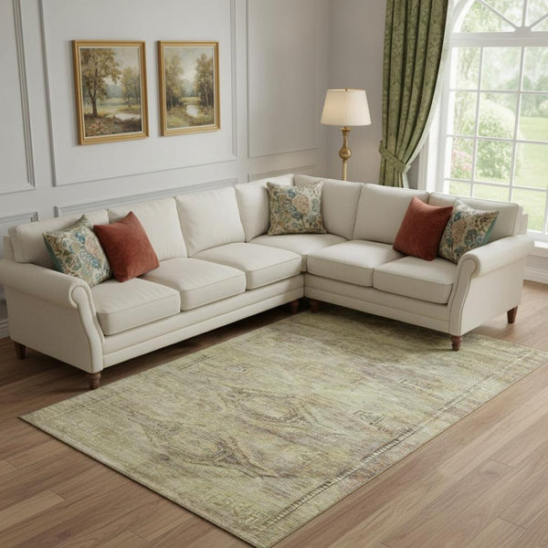 HomeRoots 9' Stylish Artichoke Green & Gold Abstract Geometric Washable Area Rug with UV Protection & Durability 695371