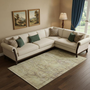 HomeRoots 10' X 14' Stylish Geometric Area Rug in Artichoke Green, Gold & Beige - Durable, Washable, UV Protected 695372