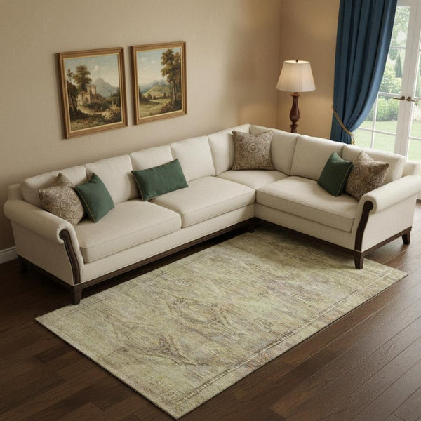 HomeRoots 10' X 14' Stylish Geometric Area Rug in Artichoke Green, Gold & Beige - Durable, Washable, UV Protected 695372