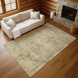 HomeRoots 10' X 14' Stylish Geometric Area Rug in Artichoke Green, Gold & Beige - Durable, Washable, UV Protected 695372