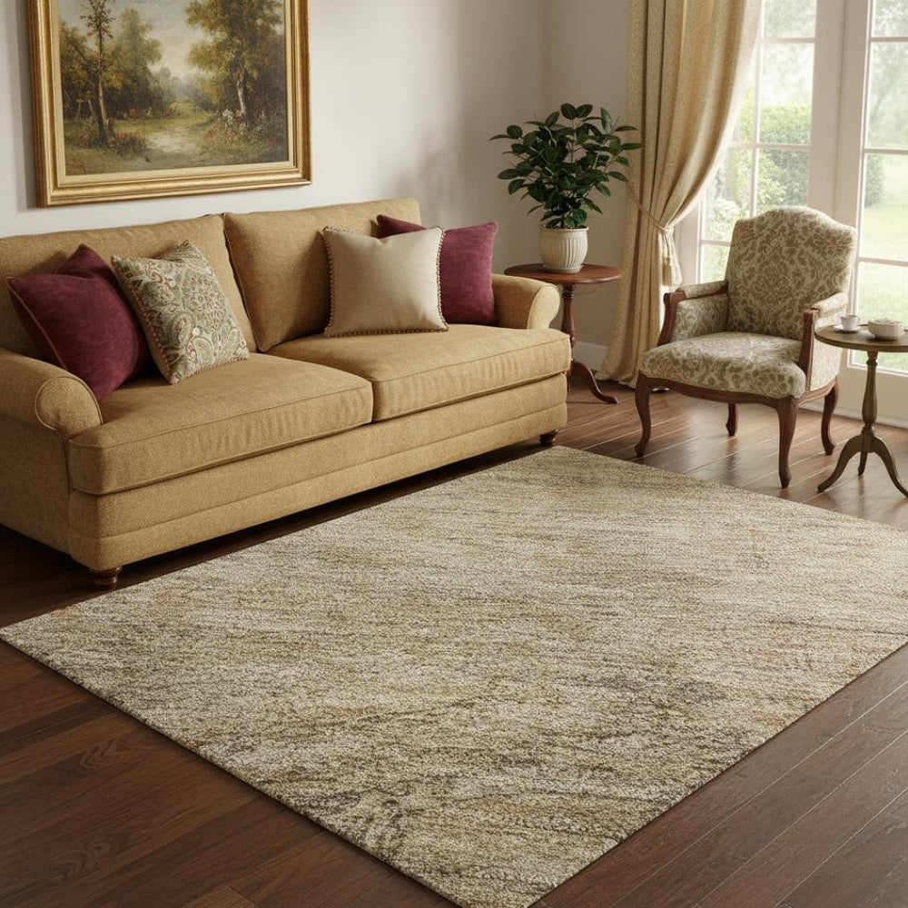 HomeRoots 5' X 8' Beige & Brown Abstract Geometric Area Rug - Washable, UV-Protected, Non-Slip & Stylish Home Decor 695374