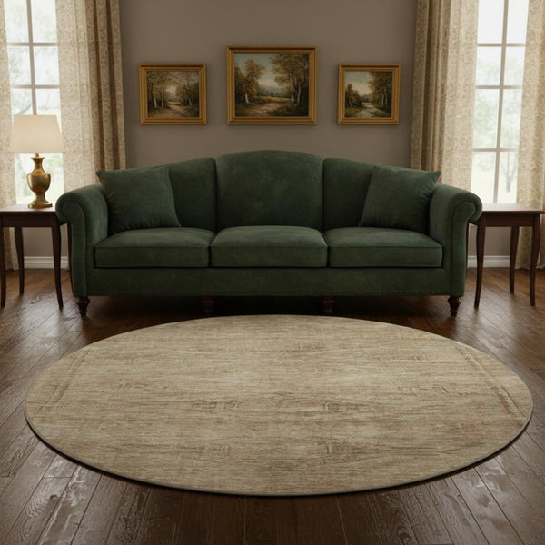 HomeRoots 8' Beige and Brown Abstract Geometric Round Rug - Washable, UV-Protected, Durable, Ideal for High-Traffic Areas 695375