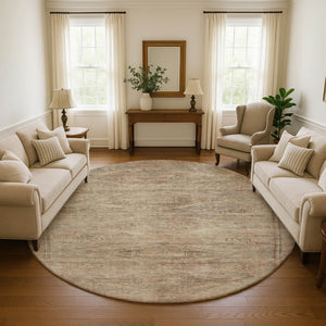 HomeRoots 8' Beige and Brown Abstract Geometric Round Rug - Washable, UV-Protected, Durable, Ideal for High-Traffic Areas 695375