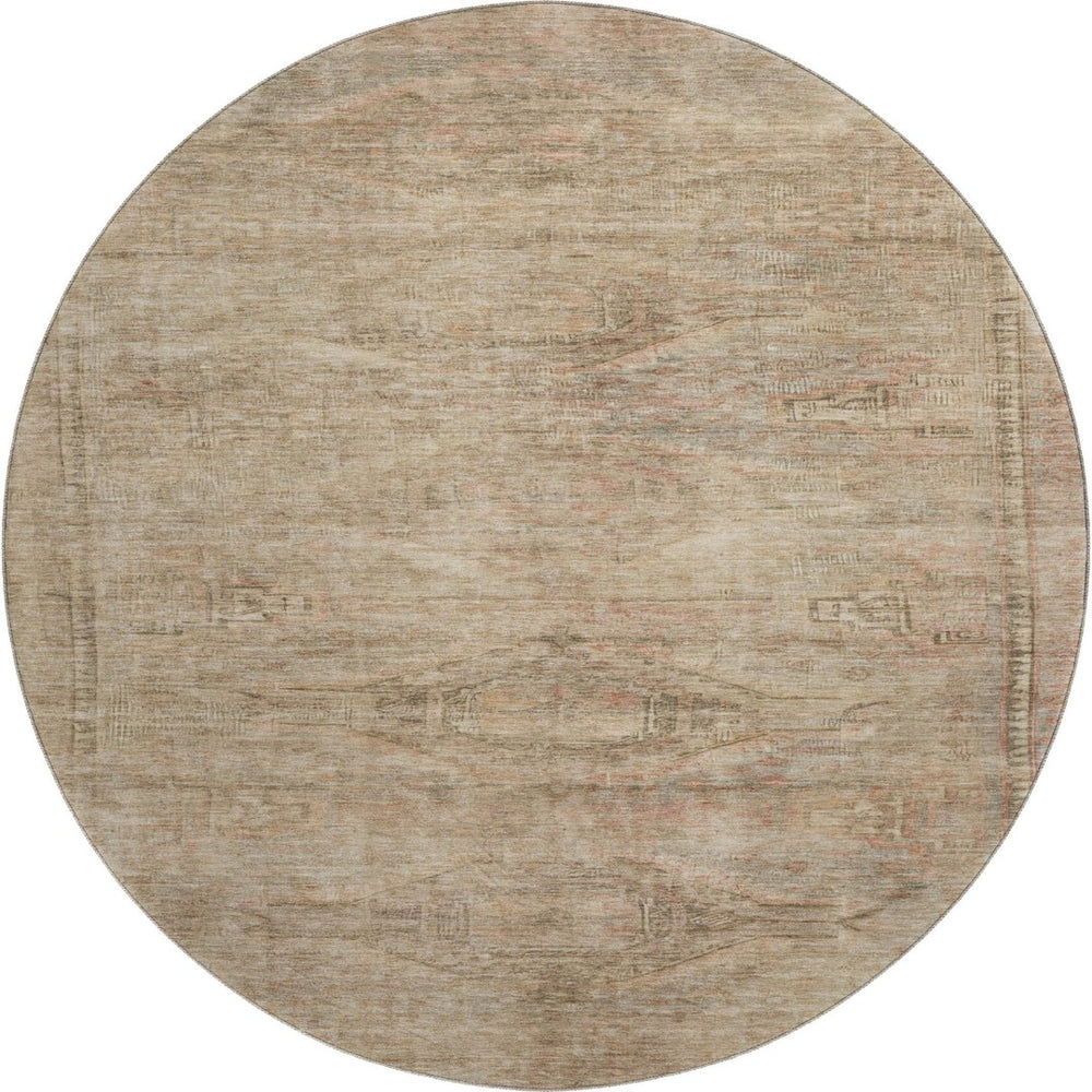 HomeRoots 8' Beige and Brown Abstract Geometric Round Rug - Washable, UV-Protected, Durable, Ideal for High-Traffic Areas 695375
