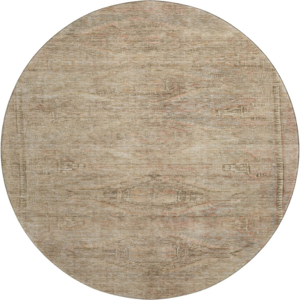 HomeRoots 8' Beige and Brown Abstract Geometric Round Rug - Washable, UV-Protected, Durable, Ideal for High-Traffic Areas 695375