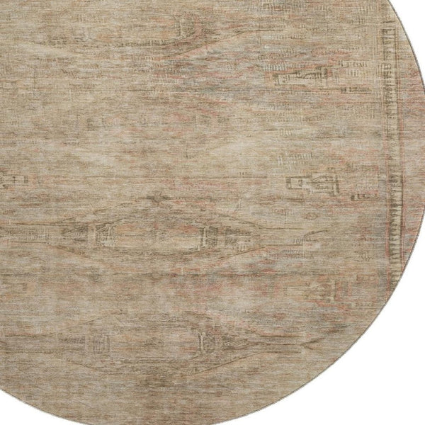 HomeRoots 8' Beige and Brown Abstract Geometric Round Rug - Washable, UV-Protected, Durable, Ideal for High-Traffic Areas 695375