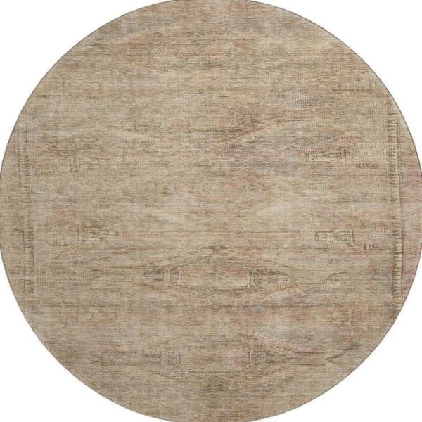 HomeRoots 8' Beige and Brown Abstract Geometric Round Rug - Washable, UV-Protected, Durable, Ideal for High-Traffic Areas 695375