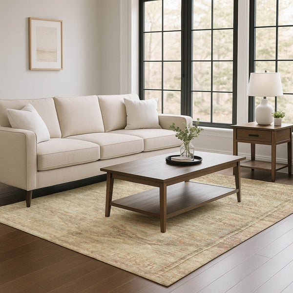 HomeRoots 9' X 12' Abstract Geometric Washable Area Rug - Durable Beige & Brown Design with UV Protection 695377