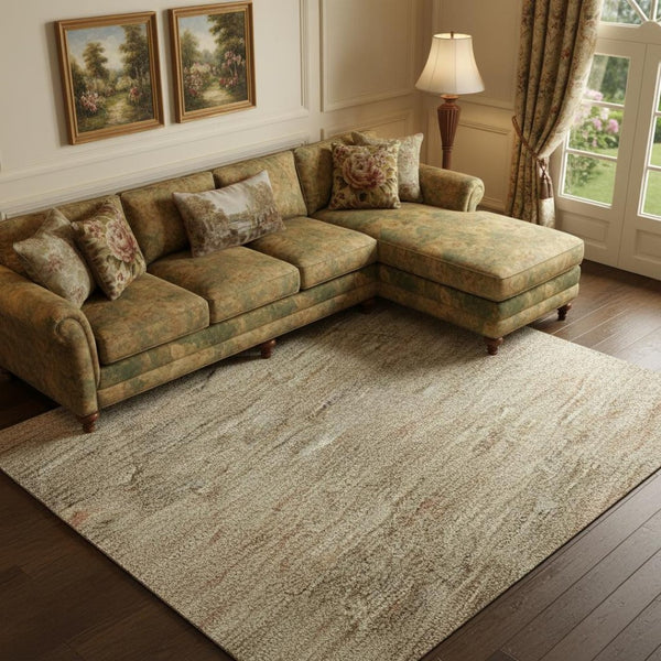 HomeRoots 9' X 12' Abstract Geometric Washable Area Rug - Durable Beige & Brown Design with UV Protection 695377