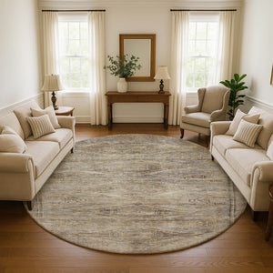 HomeRoots 8' Washable Round Rug in Brown, Beige & Taupe - Abstract Geometric Design with UV Protection & Stain Resistance 695381
