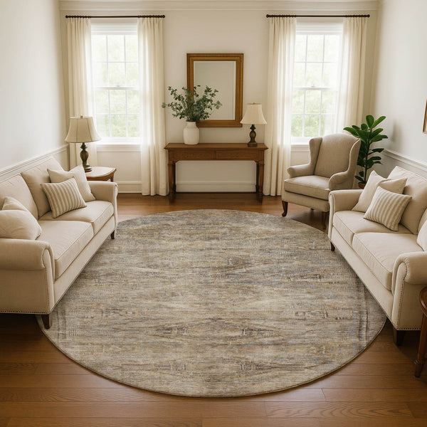 HomeRoots 8' Washable Round Rug in Brown, Beige & Taupe - Abstract Geometric Design with UV Protection & Stain Resistance 695381