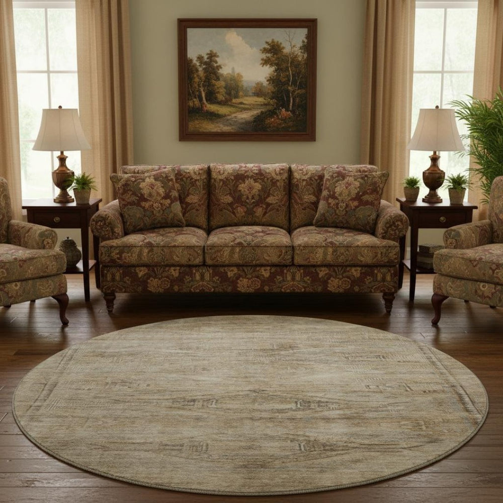 HomeRoots 8' Washable Round Rug in Brown, Beige & Taupe - Abstract Geometric Design with UV Protection & Stain Resistance 695381