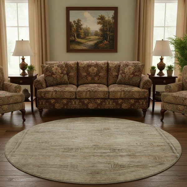 HomeRoots 8' Washable Round Rug in Brown, Beige & Taupe - Abstract Geometric Design with UV Protection & Stain Resistance 695381