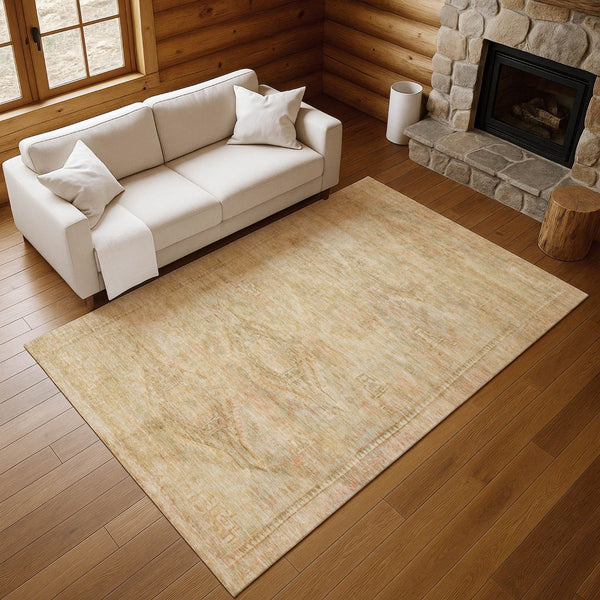 HomeRoots 5' X 8' Stylish Linen Gold & Wheat Geometric Area Rug - Washable, UV-Protected, Durable Design 695386