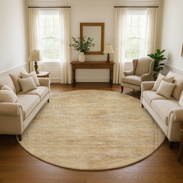 HomeRoots 8' Linen Gold and Wheat Abstract Round Rug - Washable, UV-Protected, Durable Design for Any Space 695387